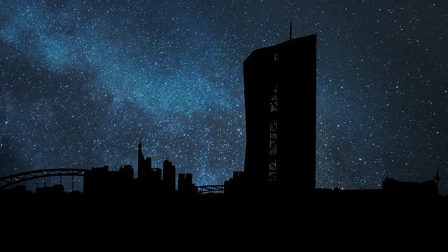 Frankfurt: European Central Bank (ECB) and City Skyline by Night with Stars and Milky Way, Germany