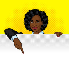 Color vector pop art style illustration of a business woman holding a poster with empty space for text. African American woman is standing behind a white board.