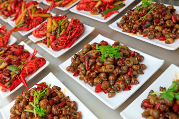 Fried crayfish in the kitchen and snail
