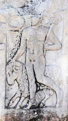 Antique bas-relief with god Hermes and ram image, Ephesus, Turkey