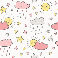 Cute sky pattern in doodle style. Hand drawn sun, cloud, raindrops, stars seamless background. 