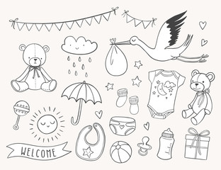Baby shower hand drawn set. New baby items and icons. Cute doodle illustrations including teddy bear, baby clothes, bib, bottle, cloud, bunting banners, diaper, stork.