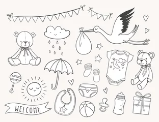 Fototapeten Baby shower hand drawn set. New baby items and icons. Cute doodle illustrations including teddy bear, baby clothes, bib, bottle, cloud, bunting banners, diaper, stork. © mgdrachal