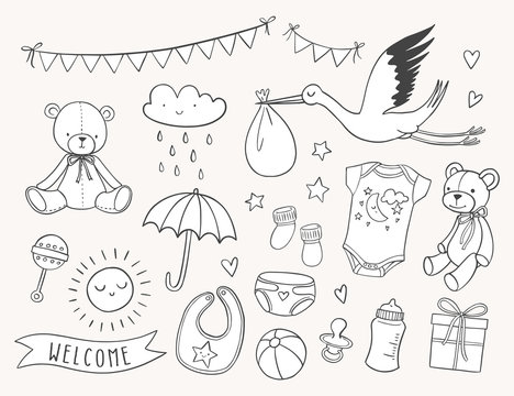 Baby shower hand drawn set. New baby items and icons. Cute doodle illustrations including teddy bear, baby clothes, bib, bottle, cloud, bunting banners, diaper, stork.