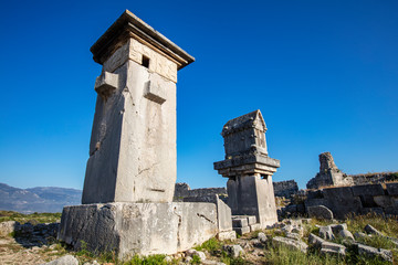 Xanthos Ancient City. Grave monument and the ruins of ancient city of Xanthos - Letoon (Xantos, Xhantos, Xanths) in Kas, Antalya/Turkey. Capital of Lycia.