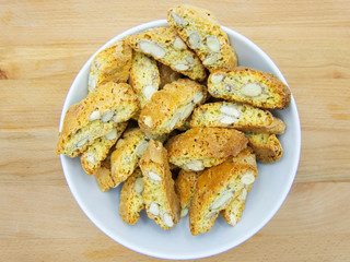 Cantucci dessert or cantuccini, dry almond biscuits, traditional tuscan cuisine, Italy 