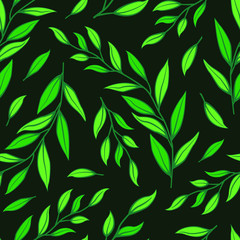 Floral seamless pattern. Green branches with leaves on dark green background.