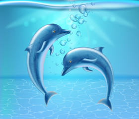 Dolphins underwater Vector realistic. Beautiful couple dolphine sea backgrounds