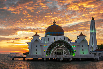 Selat Mosque located in Malacca, Malaysia during sunset