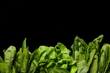 top view of fresh organic green spinach leaves isolated on black
