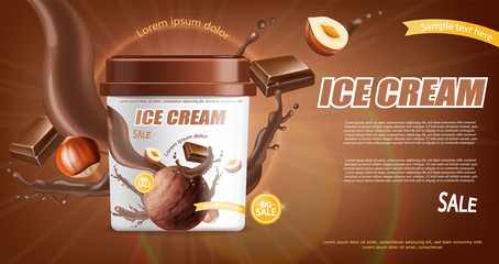 Chocolate ice cream bucket Vector realistic mock up. Product placement. Label design advertise template. Chocolate splash. Detailed 3d illustrations