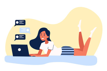 Beautiful girl lying with laptop computer. Female character