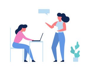 Two person talking on the office. Woman sitting