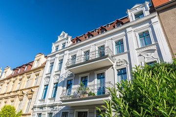 Facade of picturesque redeveloped apartment buildings