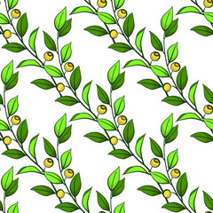 Floral seamless pattern. Vector diagonal green branches with leaves and yellow berries. Design for fabrics, wallpapers, textiles, web design. Isolated on white.