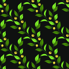 Floral seamless pattern. Vector diagonal green branches with leaves and yellow berries on black background. Design for fabrics, wallpapers, textiles, web design.