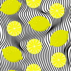 Seamless lemon on black and white wave stripes. Vintage fruits background
