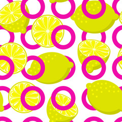 Seamless lemon pink circle backdrop. Vintage fruits background
