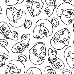 Wallpaper murals One line Continuous line face women seamless pattern - Vector Endless Background Fashion Female Portrait one line