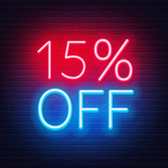 15 percent off neon lettering on brick wall background