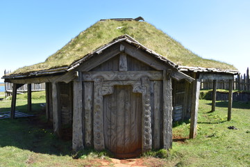 Obraz premium A small Viking village at the Vestrahorn national park in Iceland