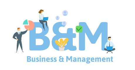 B and M, Business Management. Concept with keywords, letters and icons. Colored flat vector illustration. Isolated on white background.