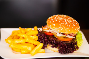 Close Up of Burger with Fries on table in Bistro