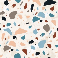 Terrazzo geometric texture. Abstract seamless pattern with colorful sprinkles scattered on light background. Creative vector illustration for backdrop, textile print, wrapping paper, flooring.