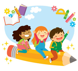 Happy school kids riding a flying pencil and looking excited about learning 
