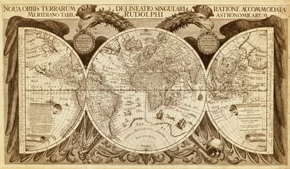 Foto auf Acrylglas Büro Alte Weltkarte, gedruckt im Jahr 1630. Luxuriöse antike Wandkarte mit Halbkugeln