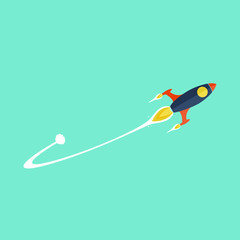 rocket on blue background with trail
