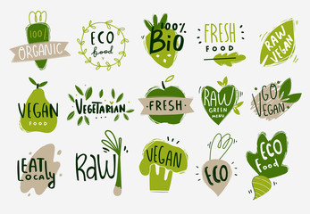 Vegan, fresh, bio, raw, eco, organic and healthy logos and icons, labels, tags, badges. Hand drawn vector set of fruits and vegetables. Colored trendy illustration. Flat design. Everything is isolated - obrazy, fototapety, plakaty