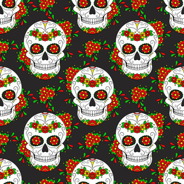 Day of The Dead colorful Skull with floral ornament. Seamless pattern. Mexican sugar skull. Vector illustration