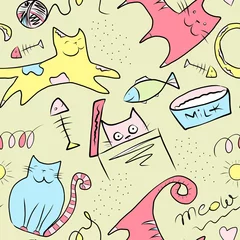 Tapeten Bunte süße Katzen und Fische - nahtlose Mustermalerei auf gelbem Hintergrund © justesfir