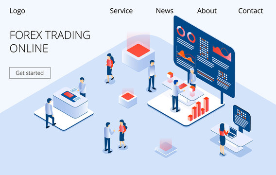 Forex Trading Horizontal Banner. Composition Of Trade Stall In Expo Center With Clients, Stuff Looking At Stand With Graphs. 3D Isometric Vector For Landing Page, Flyer, App.