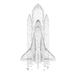 Polygonal illustration Shuttle launch from triangles and luminous points. Successful startup concept. Black and white. 