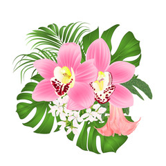 Bouquet with tropical flowers  floral arrangement, with beautiful pink orchids cymbidium, palm,philodendron and Brugmansia  vintage vector illustration  editable hand draw