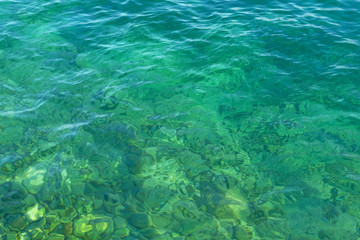 Fototapeta na wymiar Green blue transparent sea water texture. Ocean water background. Summer vacation concept.