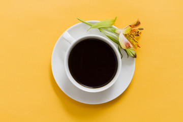 Top view cup of coffee and flower
