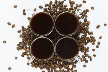 Top view cups and grains  of coffee