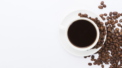 Obraz na płótnie Canvas Top view cup of coffee with grain