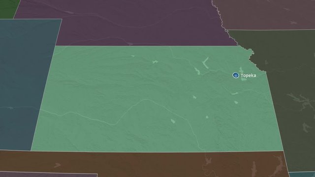Kansas - state of the United States zoomed on the administrative map of the globe. Animation 3D