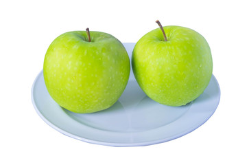 Moist Green apples in White ceramic plate, isolate on white background.