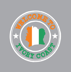 Vector Stamp of welcome to Ivory Coast with nation flag on map outline in the center. Grunge Rubber Texture Stamp of welcome to Ivory Coast.