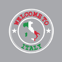 Vector Stamp of welcome to Italy with Italian flag on map outline in the center. Grunge Rubber Texture Stamp of welcome to Italy.