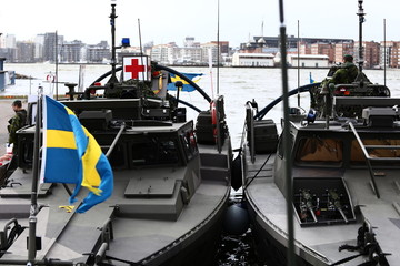Fototapeta na wymiar Fast swedish navy combat boat for troop transport