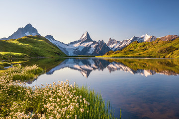 Obraz premium Sunrise view on Bernese range above Bachalpsee lake. Popular tourist attraction. Location place Switzerland alps, Grindelwald valley, Europe. 