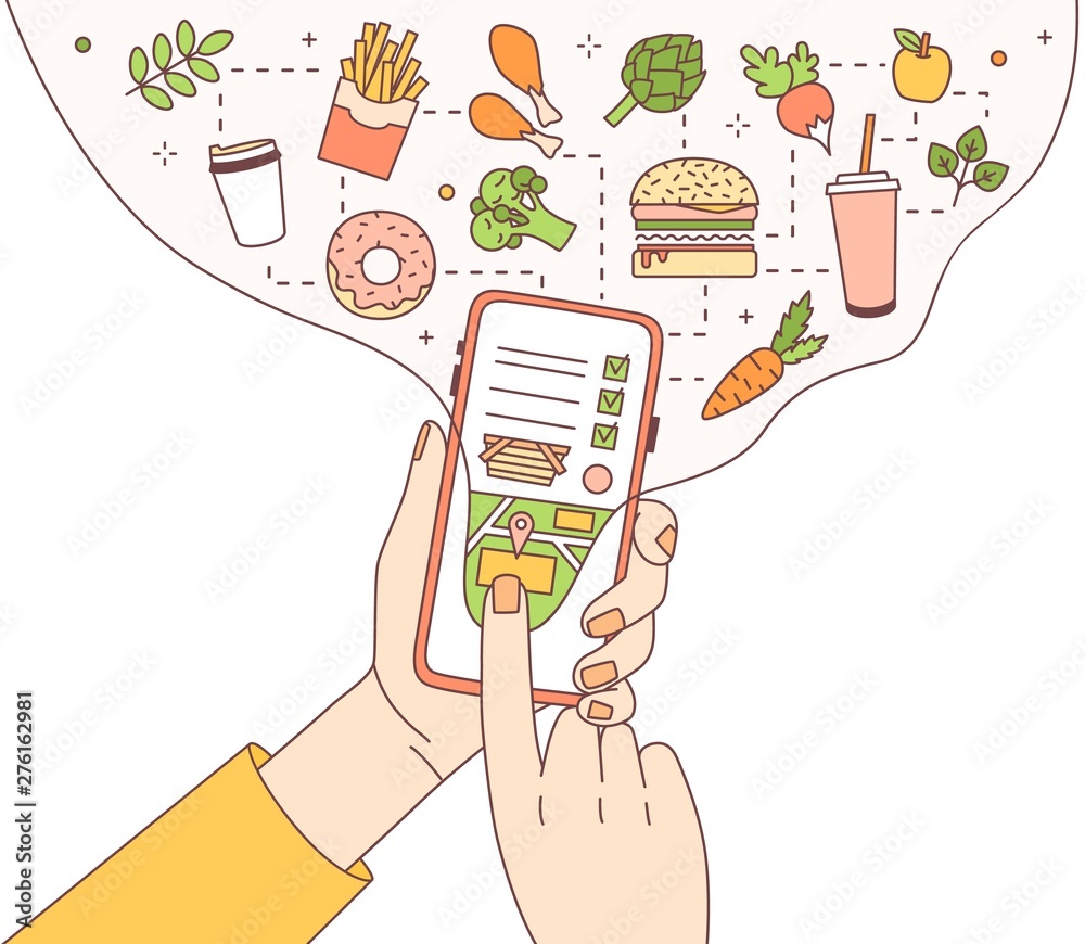 Poster poster template with hands holding phone with food delivery service mobile application or website on