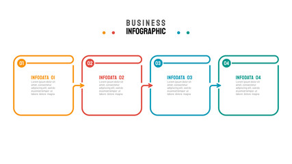 Business process step design template. Timeline infographic with 4 steps, options, arrows and numbers. Vector thin line elements for presentation.