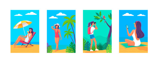 Summer girl vacation time vector set illustration